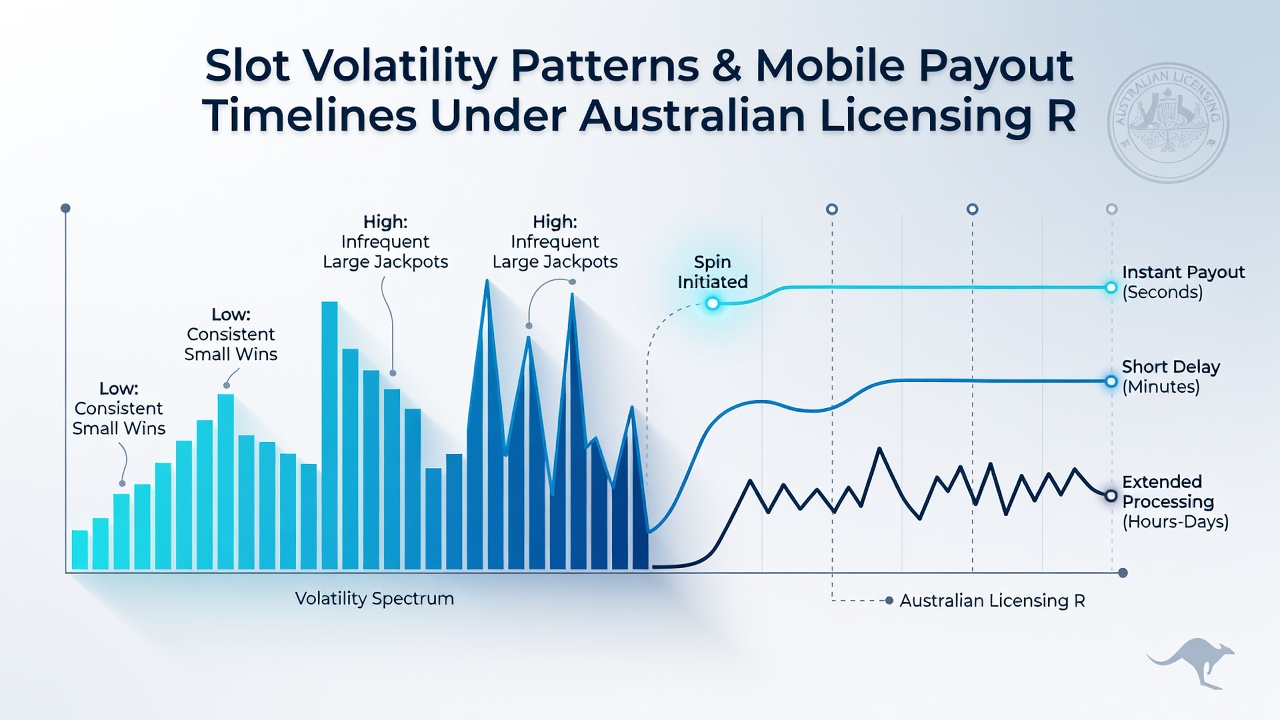 Mobile device displaying slot game interface with volatility indicators and payout timeline graphics