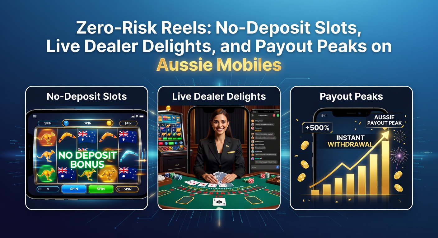 Smartphone mit bunten Slot-Reels und No-Deposit-Boni auf australischem Hintergrund, symbolisiert risikofreies Spielen unterwegs